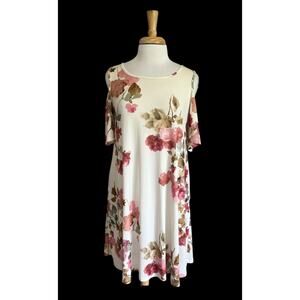 Women's M Tunic Mini Dress Cold Shoulder Cream Pink Floral Cottagecore Pockets